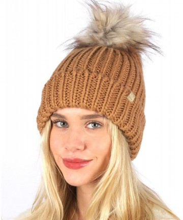 Skullies & Beanies Women's Winter Solid Ribbed Knitted Beanie Hat with Faux Fur Pom Pom - Camel - CX18WCALA4U $16.61