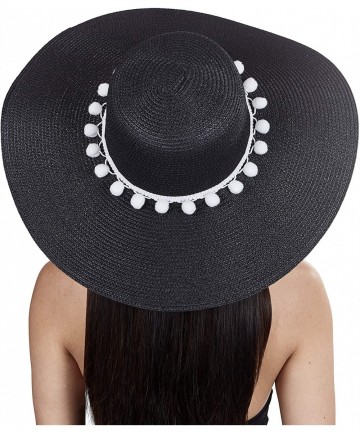 Sun Hats Womens Beach Straw Sun Hat with Pom Pom Floppy Brim - Foldable for Summer Outdoors - Black White - CF18W4XNY7Q $19.38