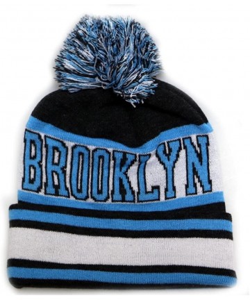 Skullies & Beanies Sk1130 Brooklyn Stripes Pom Pom Beanie Hats - Dark Grey/Teal - CF11PEEQR5L $18.62
