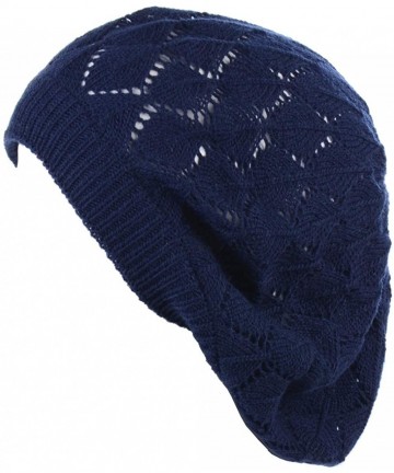 Berets Chic Soft Knit Airy Cutout Lightweight Slouchy Crochet Beret Beanie Hat - Navy Leafy - C318L3SSKK7 $16.01