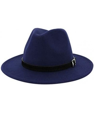 Fedoras Belt Buckle Fedoras Women's Hat Wide Brim Jazz Hats Classic Mens Manhattan Hats - Navy - CU1935LGQGE $13.26