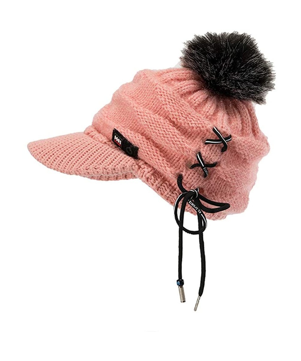 Skullies & Beanies Womens Warm Knit Hats Slouchy Pom Beanie Stretch Caps with Visor - Pink - CP18L35Y54Y $13.98