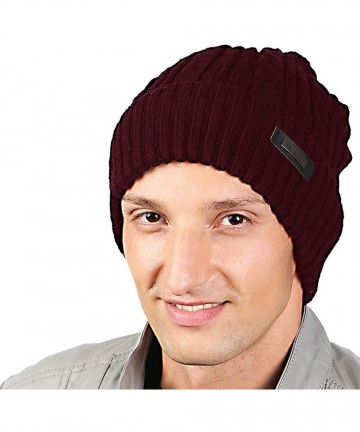 Skullies & Beanies Mens Winter Hat Warm Comfortable Soft Knit Beanie Hats Lined with Fleece - Wine Red - C318XGYZAYL $20.74