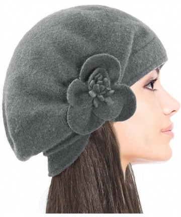 Berets Women's Reversible Wool Beret Hat - Flower Accented - Gray - C111Q68OSYL $37.64