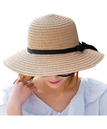 Sun Hats Women Foldable Sun Protection Straw Hat-Bowknot Outdoors Wide Brim Beach Cap 54-58cm - A-khaki - C918NYUO55M $13.74