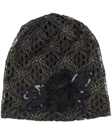 Skullies & Beanies Women Lace Flower Slouchy Baggy Head Cap Chemo Beanie Cancer Hat Turban (Black) - Black - C218H809NE7 $14.43