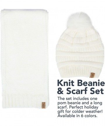 Skullies & Beanies Matching Knit Scarf and Beanie- Winter Thermal Set Slouchy Pom Ski Cap for Women - Knit White - CH18ZLH6AT...