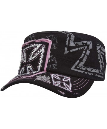 Baseball Caps Womens Print Adjustable Cadet Cap - Black/Pink - Iron Cross - C7196LUUY5U $18.95
