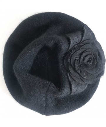 Berets Women Winter French Beret Hat Rabbit Hair Knit Berets Beanie Lined Warm Casual Beanie Hat - Black - CX18ZKOIGUK $31.81