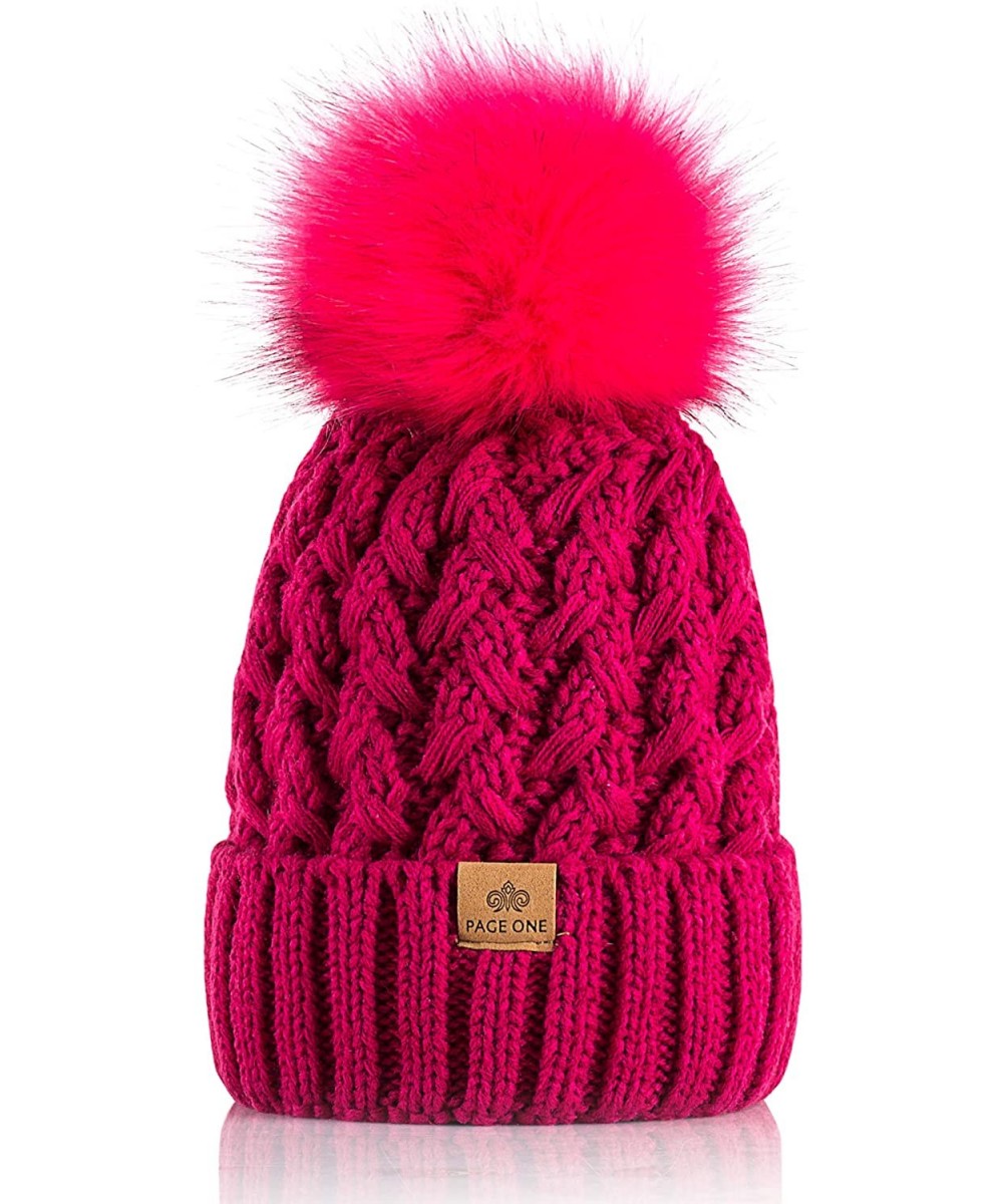 Skullies & Beanies Womens Winter Ribbed Beanie Crossed Cap Chunky Cable Knit Pompom Soft Warm Hat - Rose Red - C618MHL2Y7U $1...