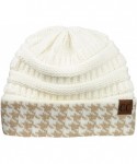 Skullies & Beanies Cable Knit Soft Stretch Multicolor Houndstooth Stitch Cuff Skully Beanie Hat - Houndstooth Ivory/Beige - C...