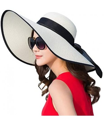 Sun Hats Beach Sun Hat for Women Bow-knot UV UPF 50+Travel Foldable Wide Brim Straw Hat - Ivory White02 - CZ196EKEYQI $22.18