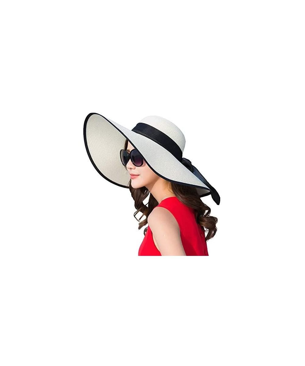 Sun Hats Beach Sun Hat for Women Bow-knot UV UPF 50+Travel Foldable Wide Brim Straw Hat - Ivory White02 - CZ196EKEYQI $22.18