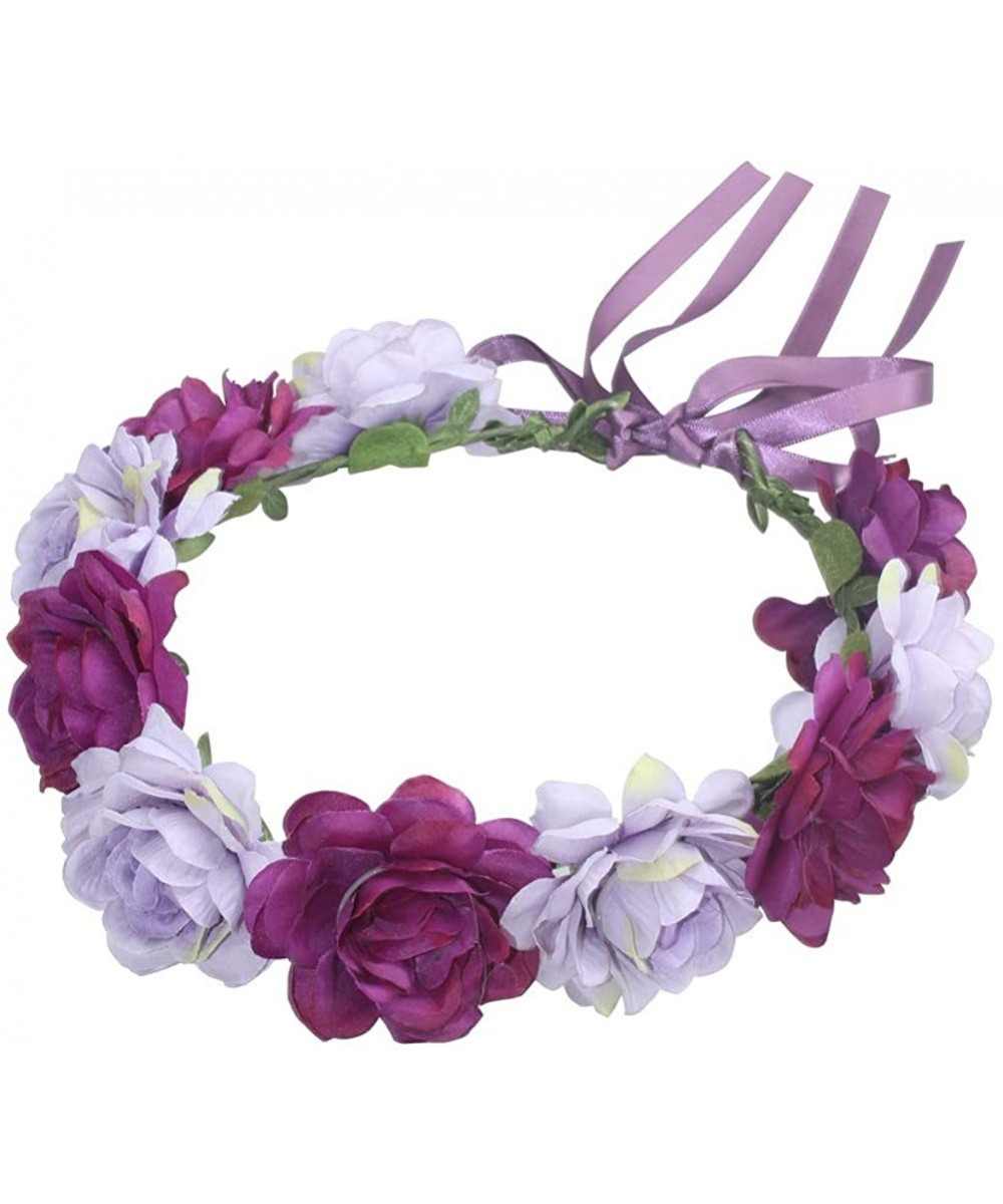 Headbands Flower Crown Floral Hair Wreath Wedding Headband Festival Garland - Ribbonpurple - CA18SHZWHQY $14.58