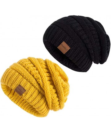 Skullies & Beanies Slouchy Beanie Hat for Women- Winter Warm Knit Oversized Chunky Thick Soft Ski Cap - Black+yellow - C418A4...