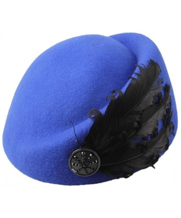 Berets Women's Vintage Feather Wool Beret Cap British Style Pillbox Hat - Blue - CD124X1DBL3 $31.00
