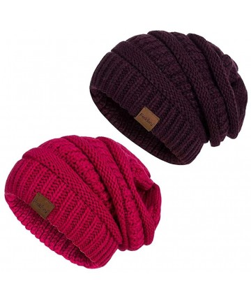 Skullies & Beanies Slouchy Beanie Hat for Women- Winter Warm Knit Oversized Chunky Thick Soft Ski Cap - Candy Pink+dark Purpl...