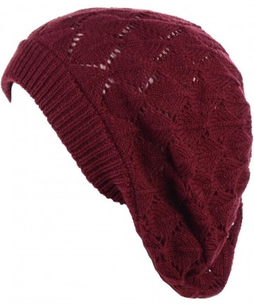 Berets Chic Parisian Style Soft Lightweight Crochet Cutout Knit Beret Beanie Hat - Leafy Red Wine - CN18AQCQ3KG $16.72