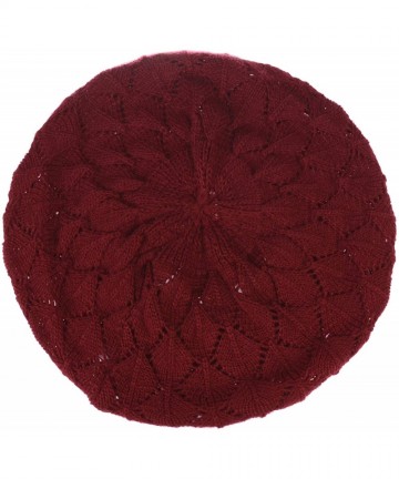 Berets Chic Parisian Style Soft Lightweight Crochet Cutout Knit Beret Beanie Hat - Leafy Red Wine - CN18AQCQ3KG $16.72
