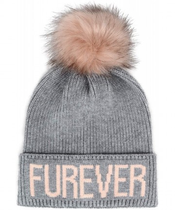Skullies & Beanies Cat Lover Dog Lover Gift Soft Stretchy Furever Faux Fur Pompom Knit Beanie Skully Toque - Grey Hat Pink Fu...