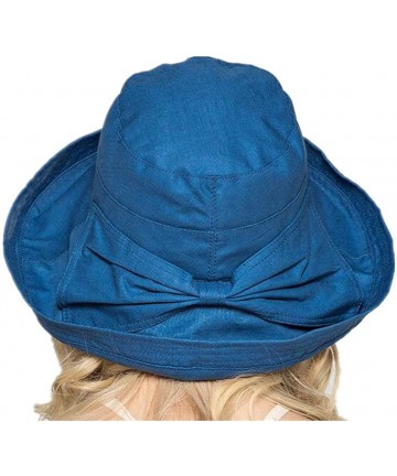 Bucket Hats Women Foldable Wide Brim Fold Up Cotton Sun Shade Hat UPF50+ with Bowtie - Indigo - CT18DUDLRNA $21.00