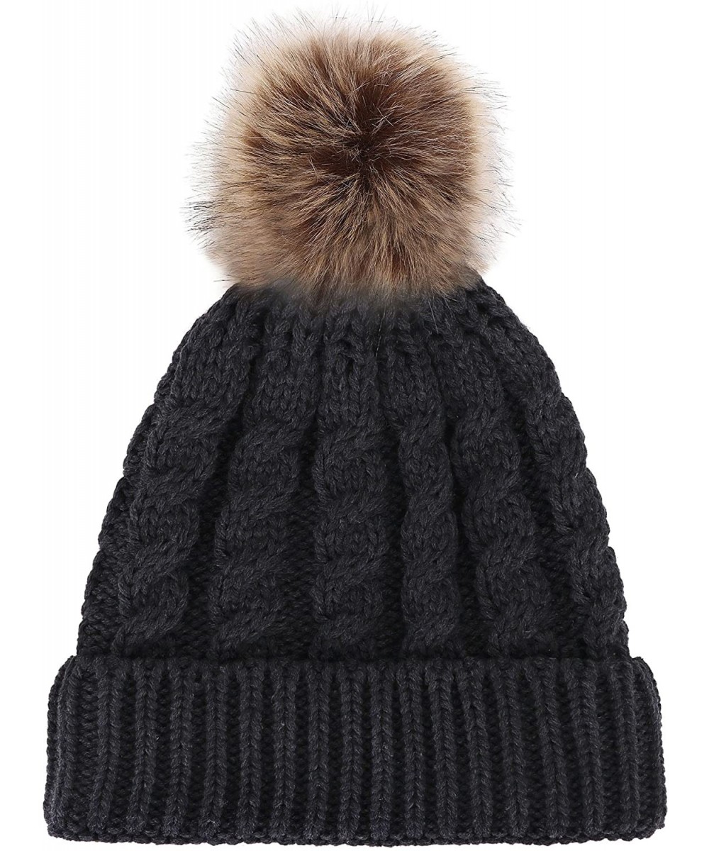 Skullies & Beanies Women's Winter Soft Knit Beanie Hat with Faux Fur Pom Pom-Heather Grey - C912NG91UWQ $20.73