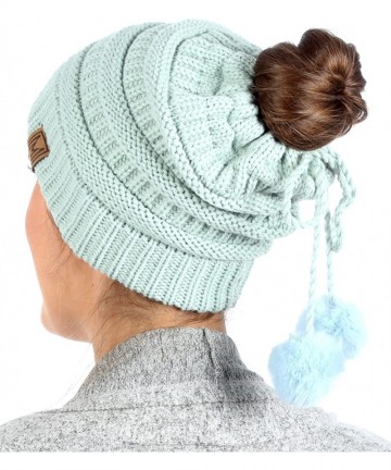 Skullies & Beanies Women's Ponytail Messy Bun Beanie Ribbed Knit Hat Cap with Adjustable Pom Pom String - Mint - C318H4G8OUM ...