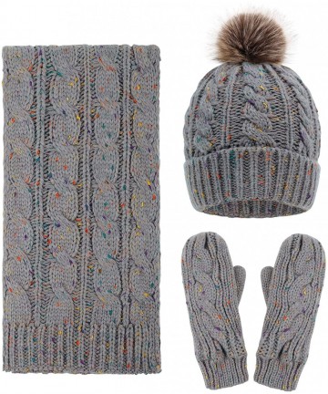 Skullies & Beanies 3 in 1 Women Soft Warm Thick Cable Knitted Hat Scarf & Gloves Winter Set - Mix Grey Gloves W/ Lined - CJ18...