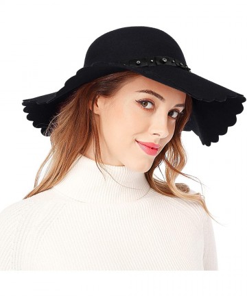 Sun Hats Women's Wide Brim Wool Ribbon Band Floppy Hat - Rhinestone Style_black - CN18I04EUWO $25.43