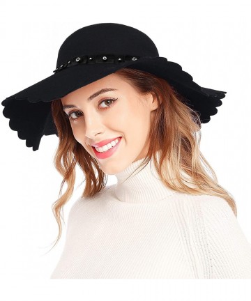 Sun Hats Women's Wide Brim Wool Ribbon Band Floppy Hat - Rhinestone Style_black - CN18I04EUWO $25.43