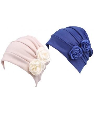 Skullies & Beanies New Women's Cotton Flower Elastic Turban Beanie Chemo Cap Hair Loss Hat - Women Chemo Cap Beige +Blue 2 - ...