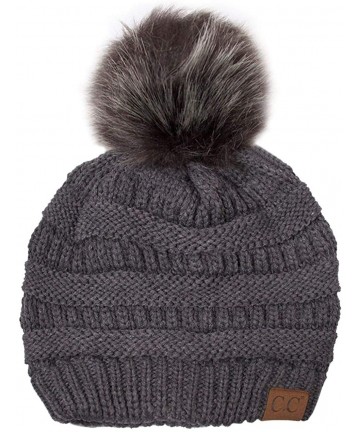 Skullies & Beanies Exclusive Soft Stretch Cable Knit Faux Fur Pom Pom Beanie Hat - Dark Melangegrey - CX12MAKJ6CT $20.12