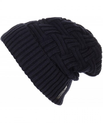 Skullies & Beanies Trendy Warm Ribbed Beanie Thick Slouchy Stretch Cable Knit Hat Soft Unisex Solid Skull Cap - Navy - CM188I...