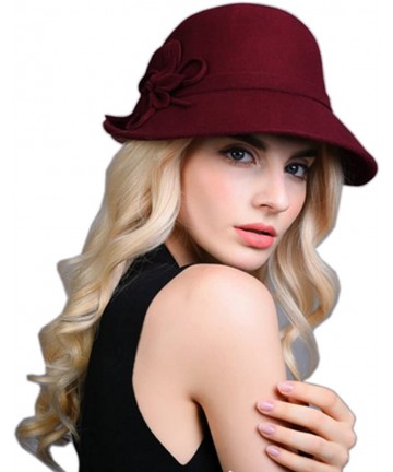 Fedoras Womens Elegant Double Flower 100% Wool Pillbox Hat Fascinator Hat Beanie Hat - Wine Red 1 - CA18GD4SGQU $29.23