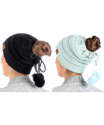 Skullies & Beanies Women's Ponytail Messy Bun Beanie Ribbed Knit Hat Cap with Adjustable Pom Pom String (2 Pack - Black & Min...