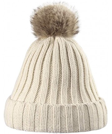 Skullies & Beanies Women Knit Winter Turn up Beanie Hat Faux Fur Pompom Hat for Girls Women - Beige - CM18XKTZTUD $20.64