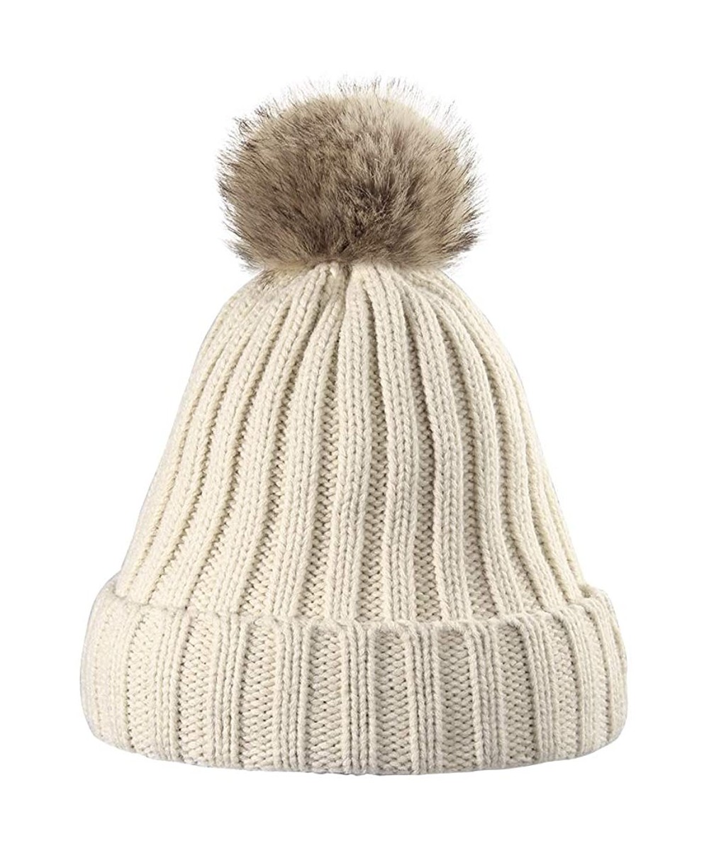 Skullies & Beanies Women Knit Winter Turn up Beanie Hat Faux Fur Pompom Hat for Girls Women - Beige - CM18XKTZTUD $12.48