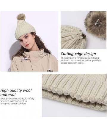 Skullies & Beanies Women Knit Winter Turn up Beanie Hat Faux Fur Pompom Hat for Girls Women - Beige - CM18XKTZTUD $12.48