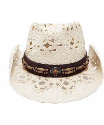 Cowboy Hats Straw Cowboy Hat W/Vegan Leather Band & Beads- Shapeable Brim- Beach Cowgirl - Natural Ivory - CT11UYA6AQT $28.91