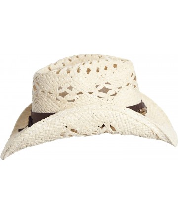 Cowboy Hats Straw Cowboy Hat W/Vegan Leather Band & Beads- Shapeable Brim- Beach Cowgirl - Natural Ivory - CT11UYA6AQT $28.91