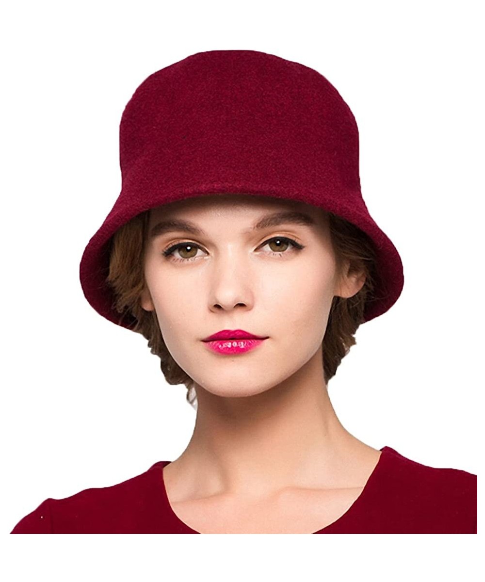 Bucket Hats Women's Simple Wool Felt Bucket Hat - Wine Red - CJ1293EACU7 $29.82