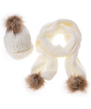 Skullies & Beanies Fashion Women's Warm Crochet Knitted Beanie Hat and Scarf Set with Fur Poms - 4 Off White - CB18M3G04AQ $2...