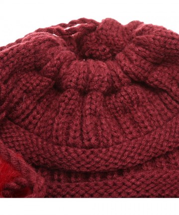 Skullies & Beanies Women's Ponytail Messy Bun Beanie Ribbed Knit Hat Cap with Adjustable Pom Pom String (2 Pack - Black & Bur...