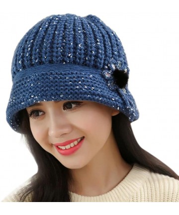 Berets Winter Beret Cap Womens Flower Knit Crochet Beanie Hat Winter Warm Cap - Blue ❤️ - C81894HW3L9 $24.73