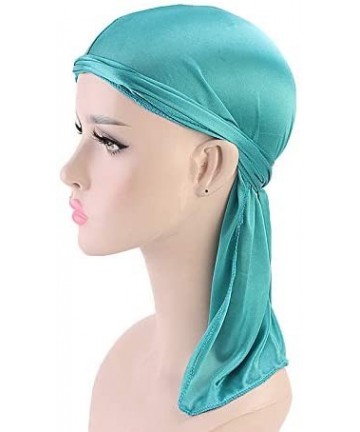 Skullies & Beanies Men Women Durag Extra Long-Tail Headwraps Silky Satin Pirate Cap Bandana Hat for 360 Waves - Turquoise - C...