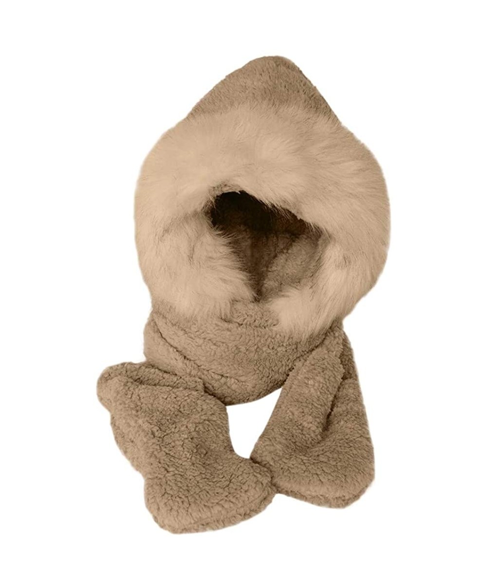 Skullies & Beanies Ladies Faux Fur Winter Warm Fluffy Hood Scarf Hat Snood Pocket Hats Gloves - Khaki - C118L9QH72E $24.00