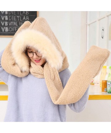 Skullies & Beanies Ladies Faux Fur Winter Warm Fluffy Hood Scarf Hat Snood Pocket Hats Gloves - Khaki - C118L9QH72E $24.00