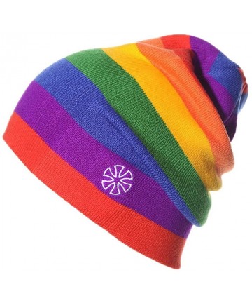 Skullies & Beanies Slouchy Snappy Outdoor Cap Beanie Rainbow Stripe Knit Ski Sport Hat - Red - CM12N766CRM $19.97