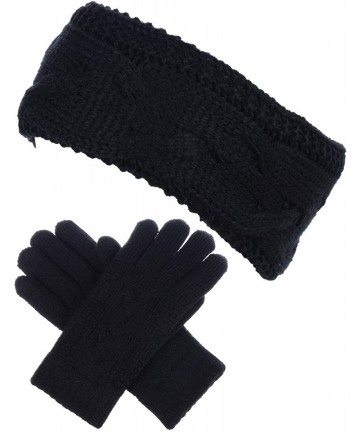 Headbands Womens Winter Cable Plush Warm Fleece Lined Knit Gloves & Headband 2 Pieces Set-Various Styles - CH18GZAKCU4 $48.97