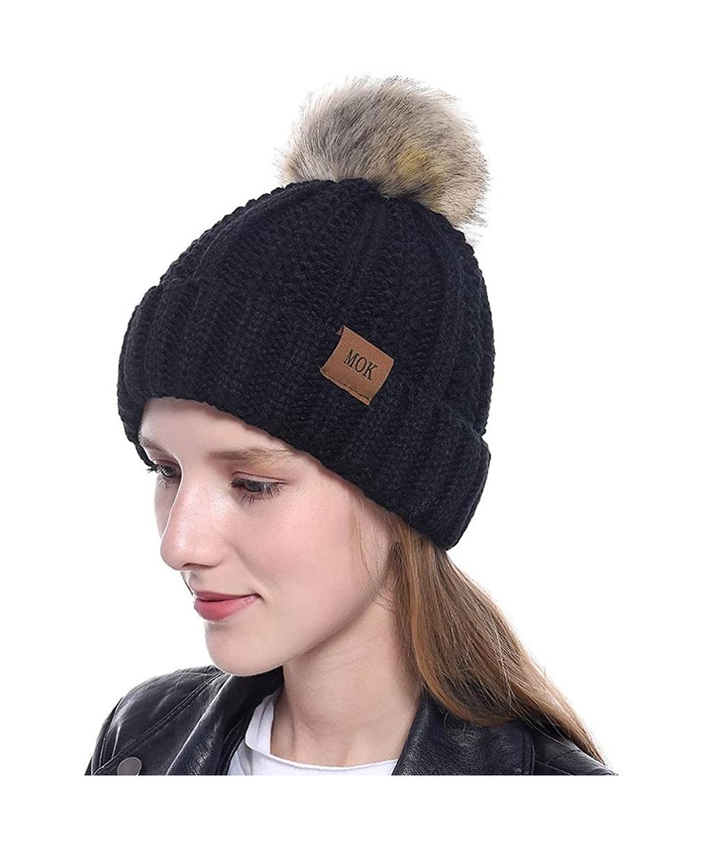 Beanies Hats Women Faux Fuzzy Fur Pom Poms Warm Cable Knit Hat for ...